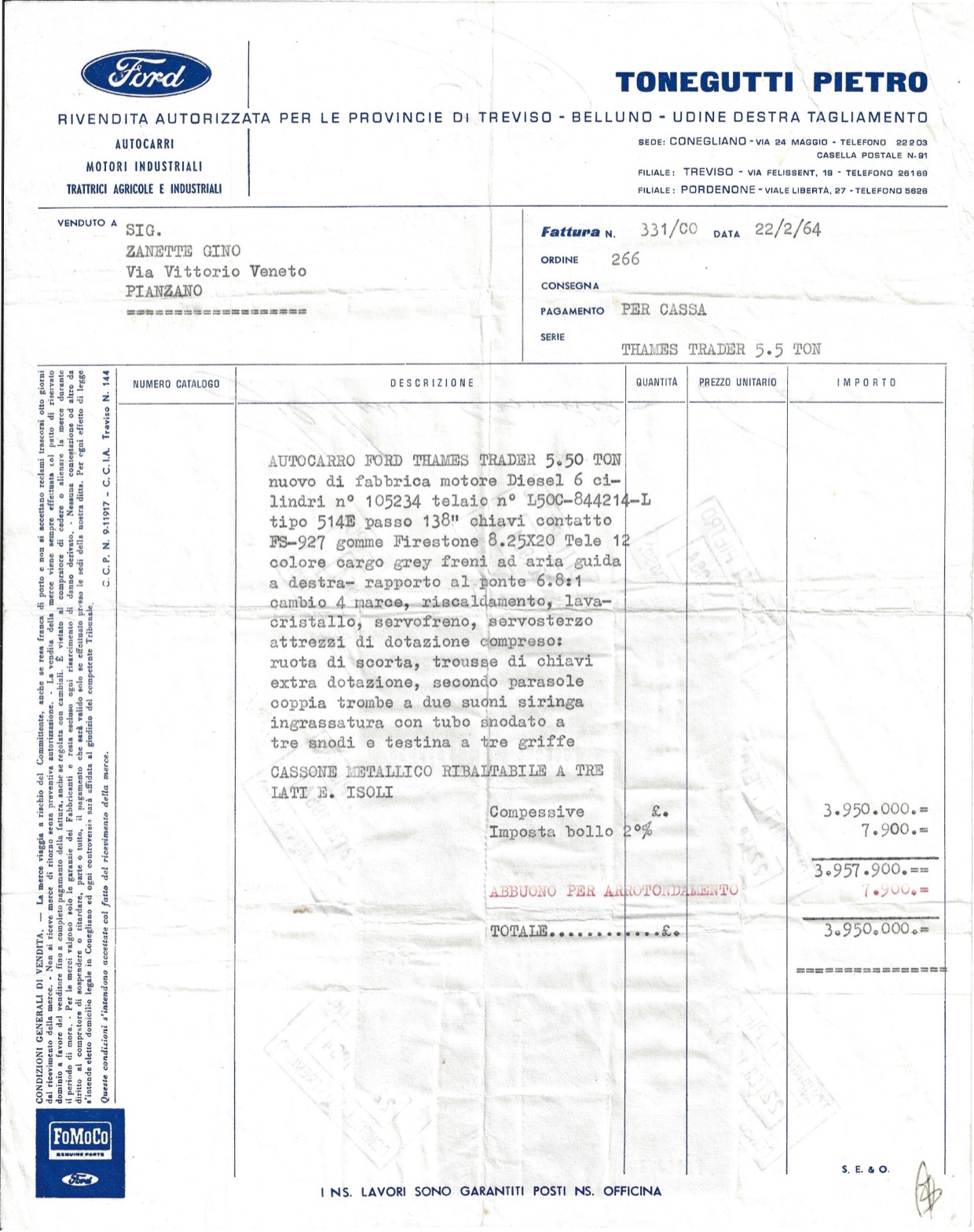 Fattura originale del 22 febbraio 1964 per il Ford Thames Trader acquistato da Gino Zanette