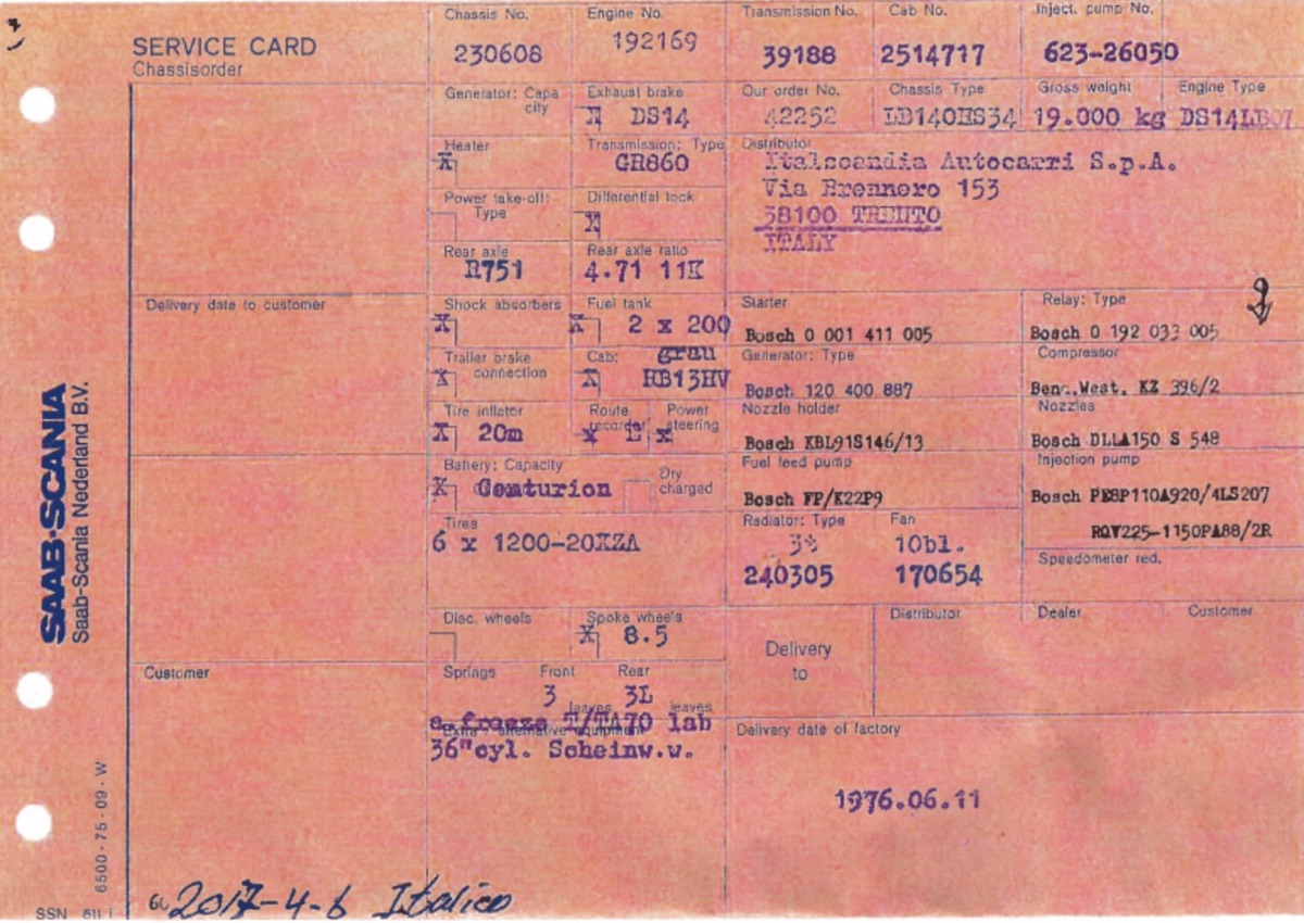Service Card SAAB-SCANIA del 1976 compilata a mano, documento originale di uno Scania 140